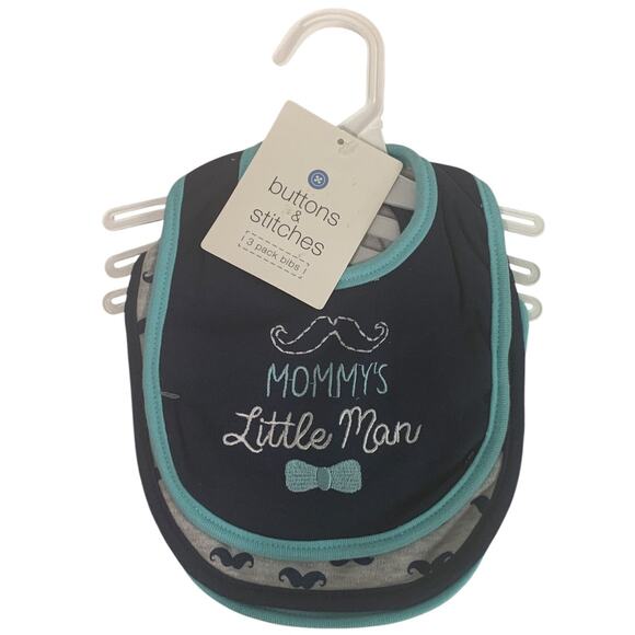 Buttons and Stitches 3 Pack Baby Boy Bibs Blue Turquoise New - Picture 1 of 7